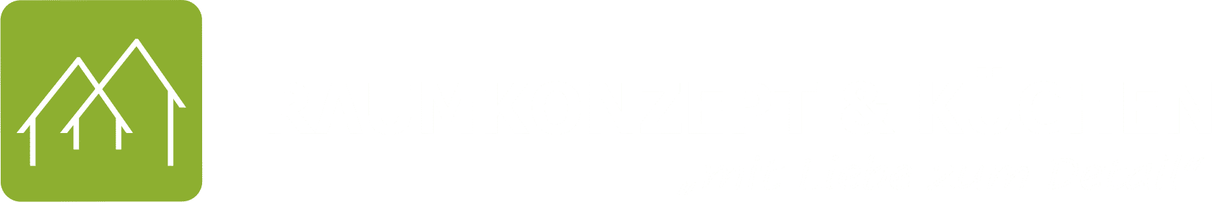 Logo mit drei weißen Hausdächern auf grünem Quadrat neben Schriftzug Raumkonzept & Küchen